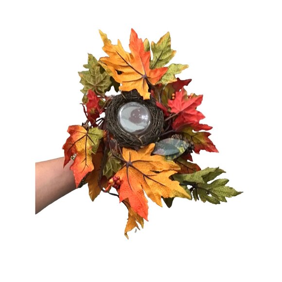 THANKSGIVING MAPLE LEAF ARRANGEMENT WITH CENTER GLASS VASE CANDLE HOLDER - Picture 9 of 9